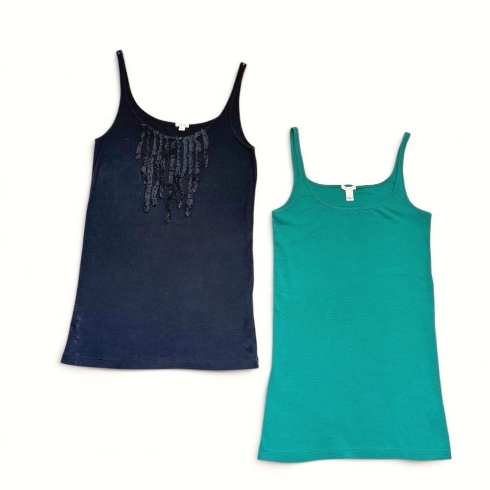 J Crew Tank Top Lot of 2 Womens M Black Ruffle Emerald Green Layering Preppy Y2K